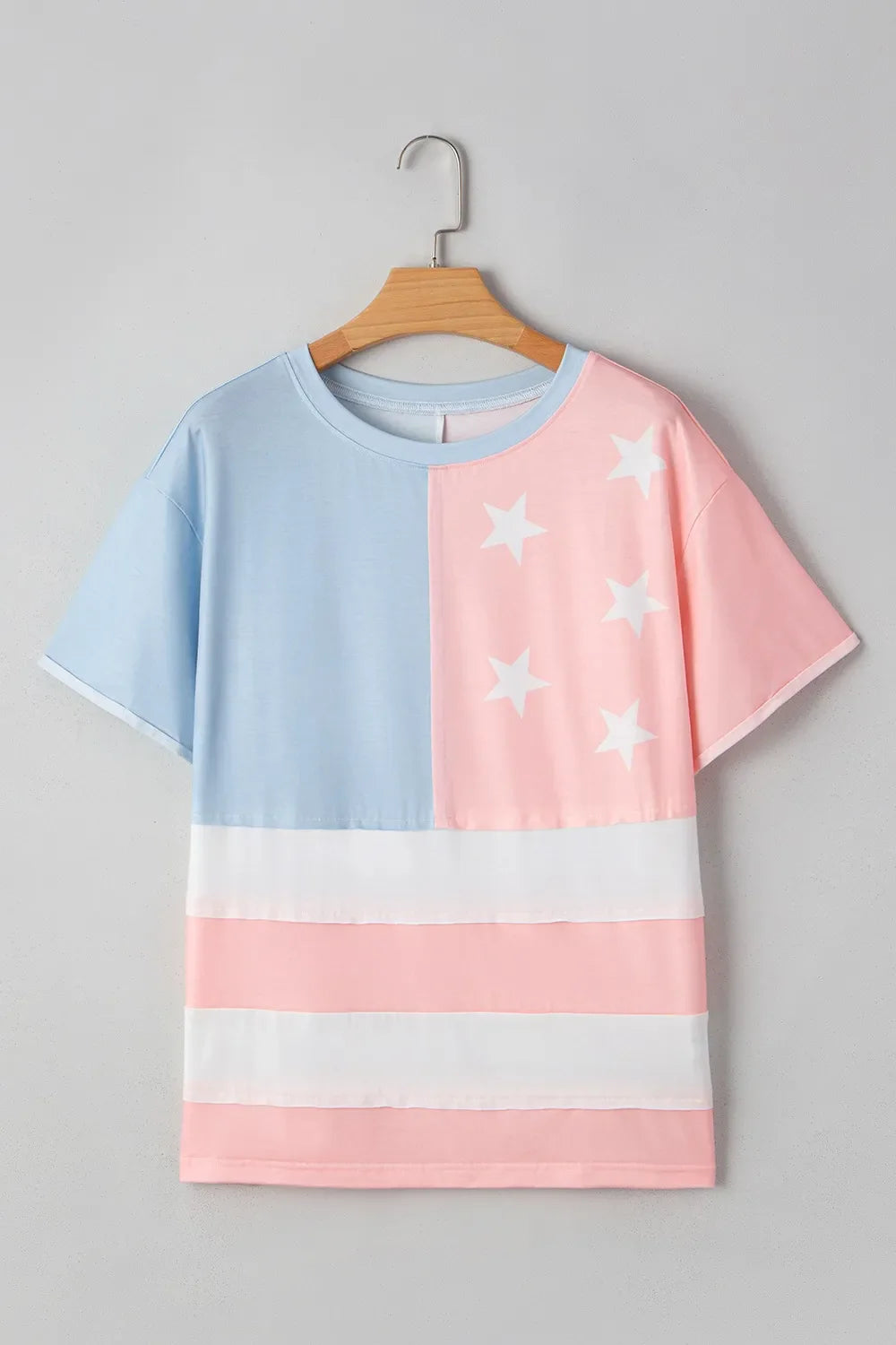 Blueberi B Women’s Patriotic Star Color Block Short Sleeve T-Shirt Polyester Elastane S-L