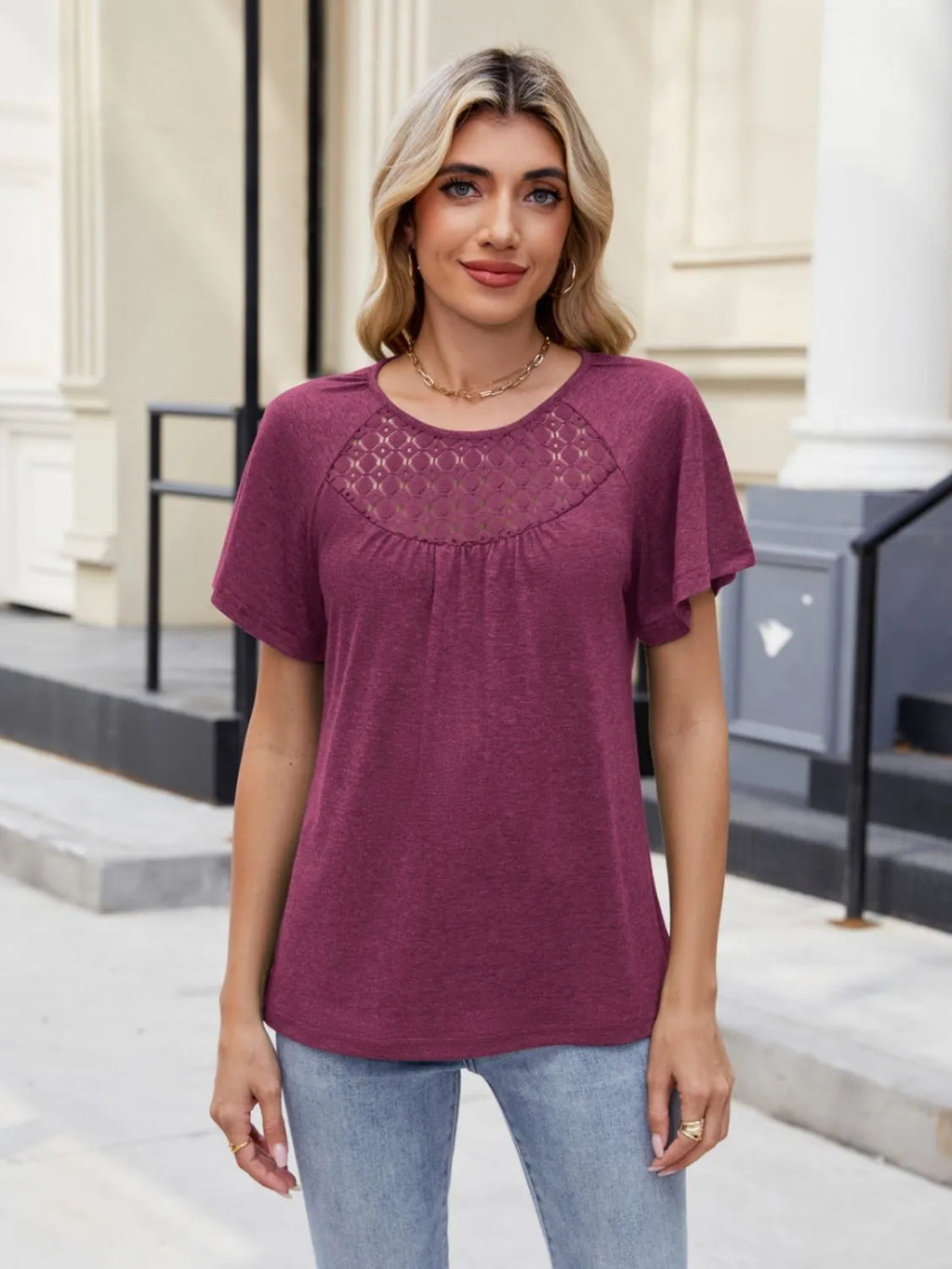 Blueberi B Women’s Lace Detail Round Neck Short Sleeve Blouse Polyester Elastane Size S-2XL