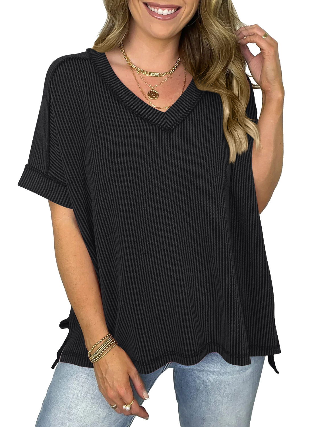 Blueberi B Women’s Cord Ribbed V-Neck Short Sleeve T-Shirt Rayon Polyester Spandex Size 2-2XL