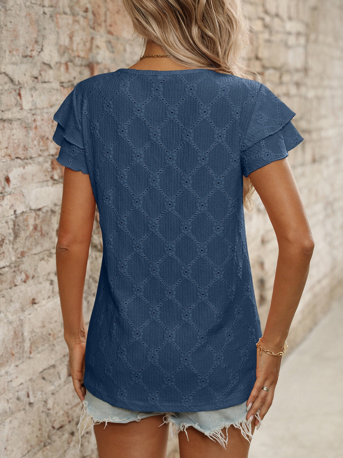 Blueberi B Women’s Eyelet Round Neck Double Layered Ruffled Short Sleeve Top Polyester Viscose Elastane Size S-2XL
