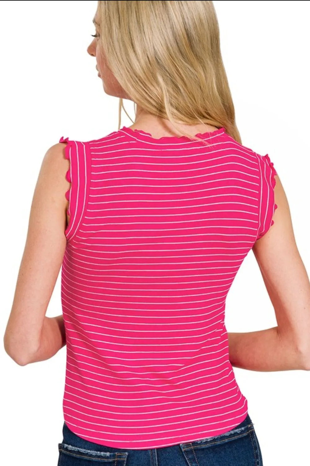 Zenana Women’s Ribbed Ruffle Trim Sleeveless Stripe Top Rayon Polyester Spandex Size S-L