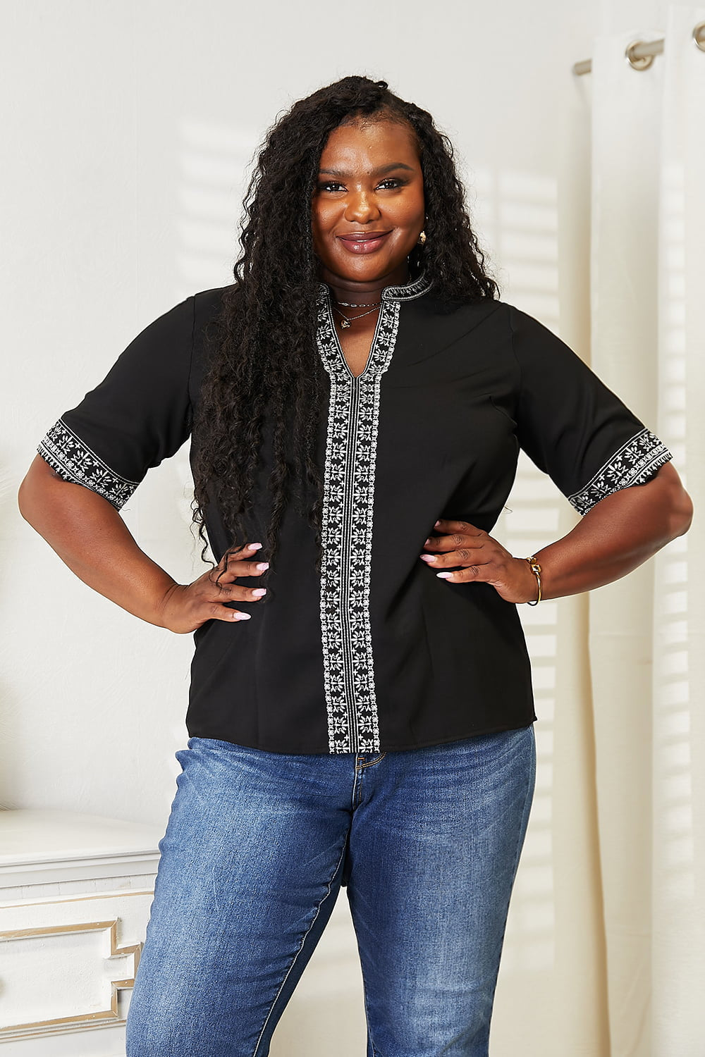 Double Take Women's  Embroidered Notched Neck Top Rayon Polyester Size S-L
