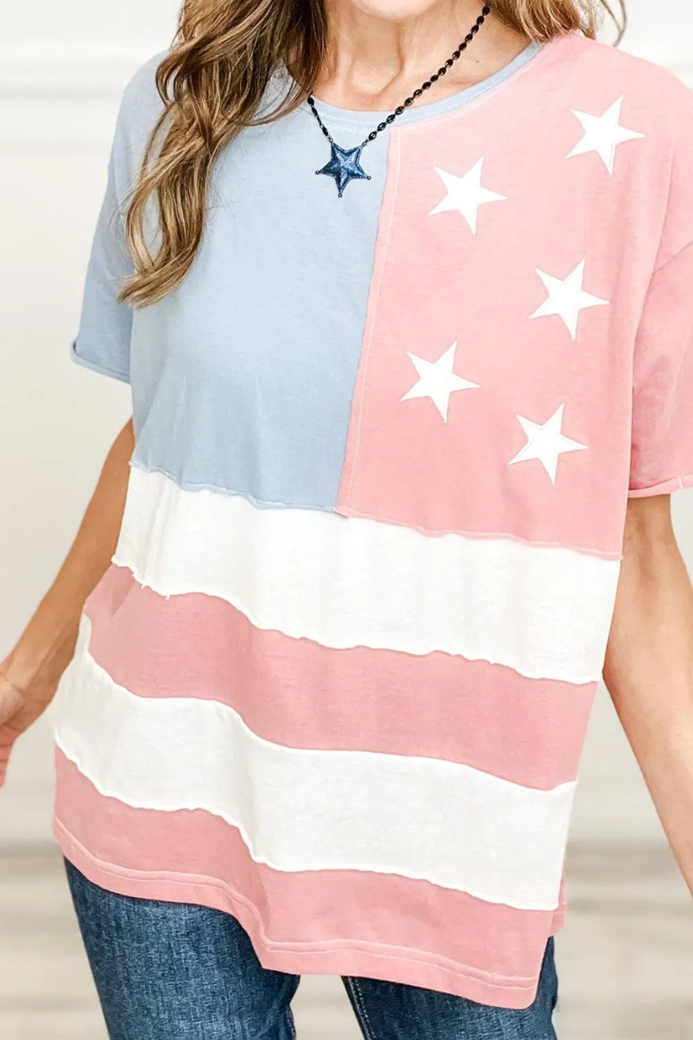 Blueberi B Women’s Patriotic Star Color Block Short Sleeve T-Shirt Polyester Elastane S-L