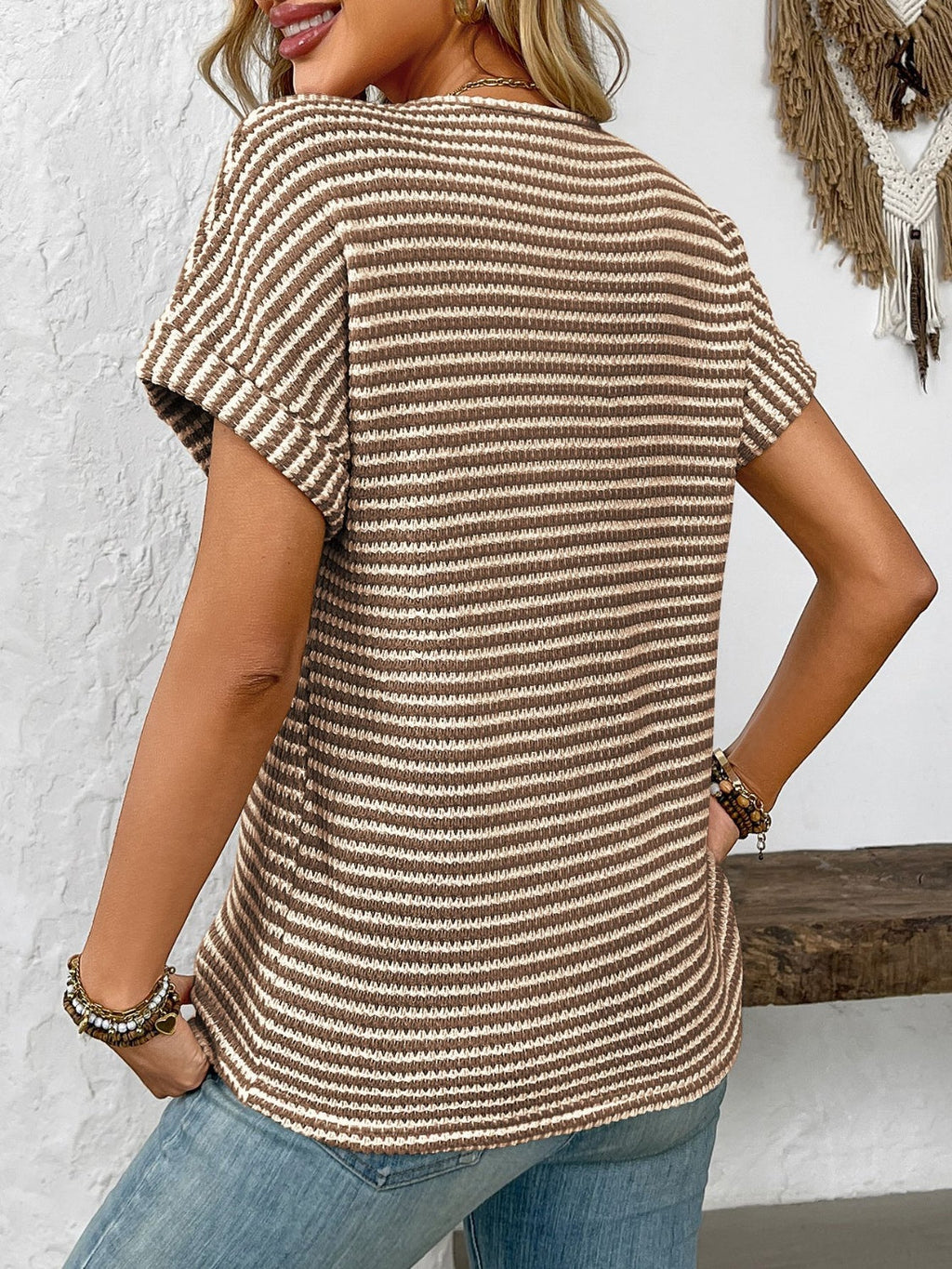 Blueberi B Women’s Striped Notched Short Sleeve T-Shirt Polyester Elastane S-2XL