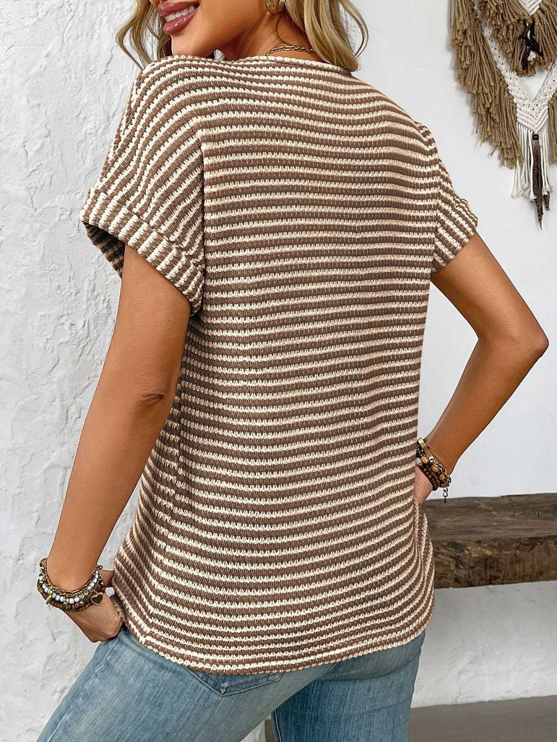 Blueberi B Women’s Striped Notched Short Sleeve T-Shirt Polyester Elastane S-2XL