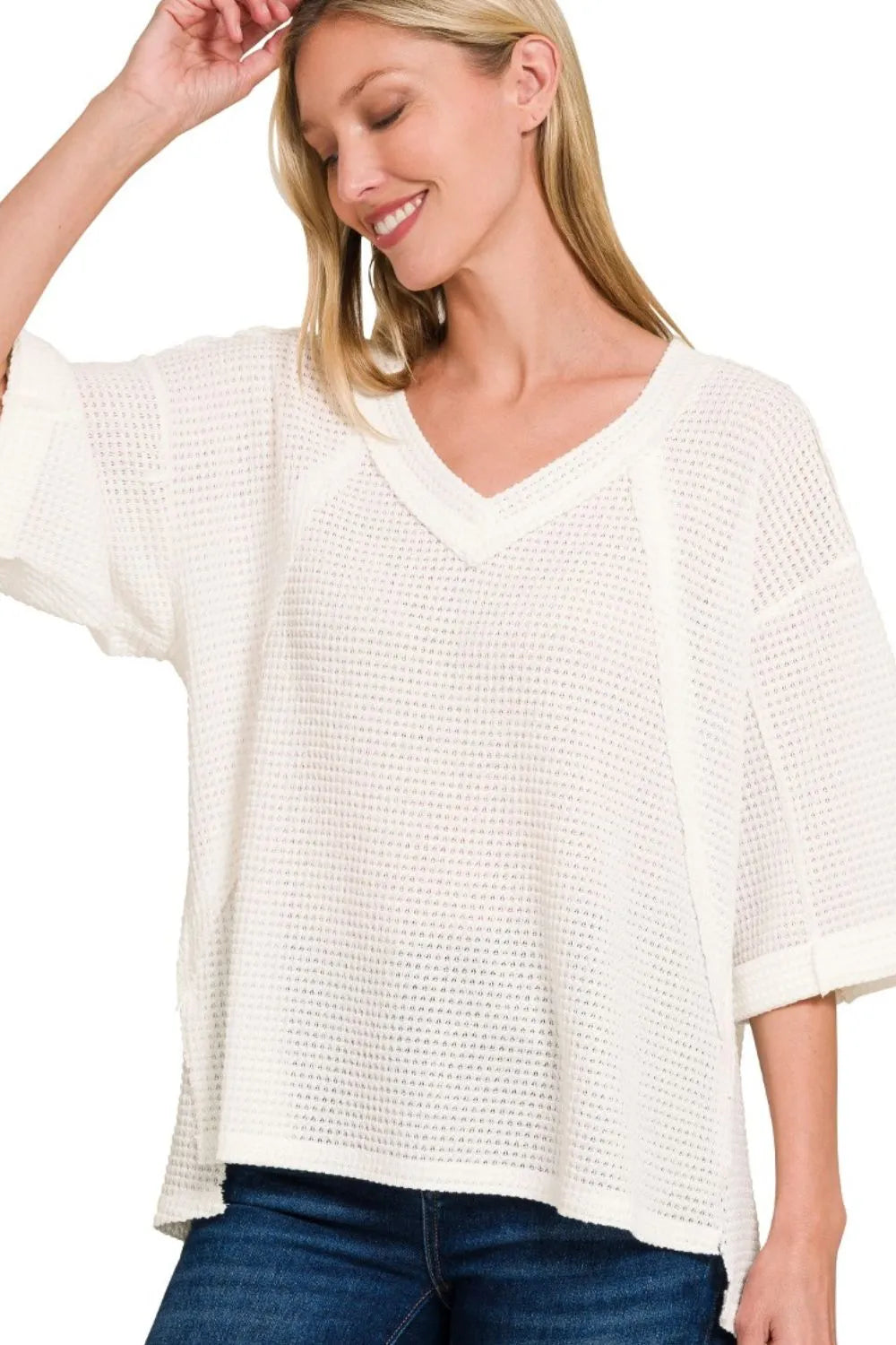 Zenana Women’s Brushed Waffle Exposed-seam 3/4 Sleeve Top Polyester Rayon Spandex Size S/M L/XL