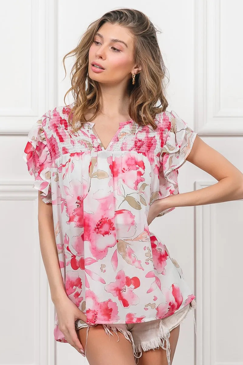 BiBi Women’s Floral Print Short Flutter Sleeve Sheer Top Polyester Cotton S-XL
