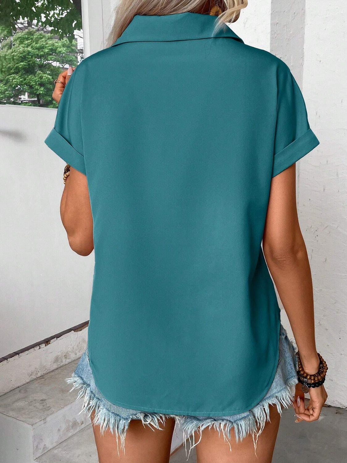 Blueberi B Women’s Pleated Detail Collared Neck Short Sleeve Shirt Polyester Size S-2XL