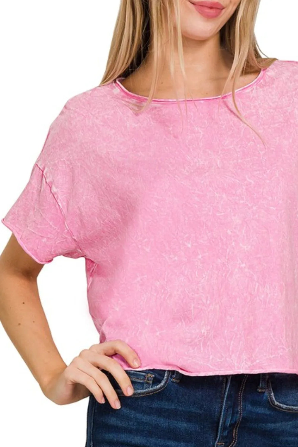 Zenana Women’s Washed Crew Neck Short Sleeve Crop Box Tee Cotton S/M L/XL