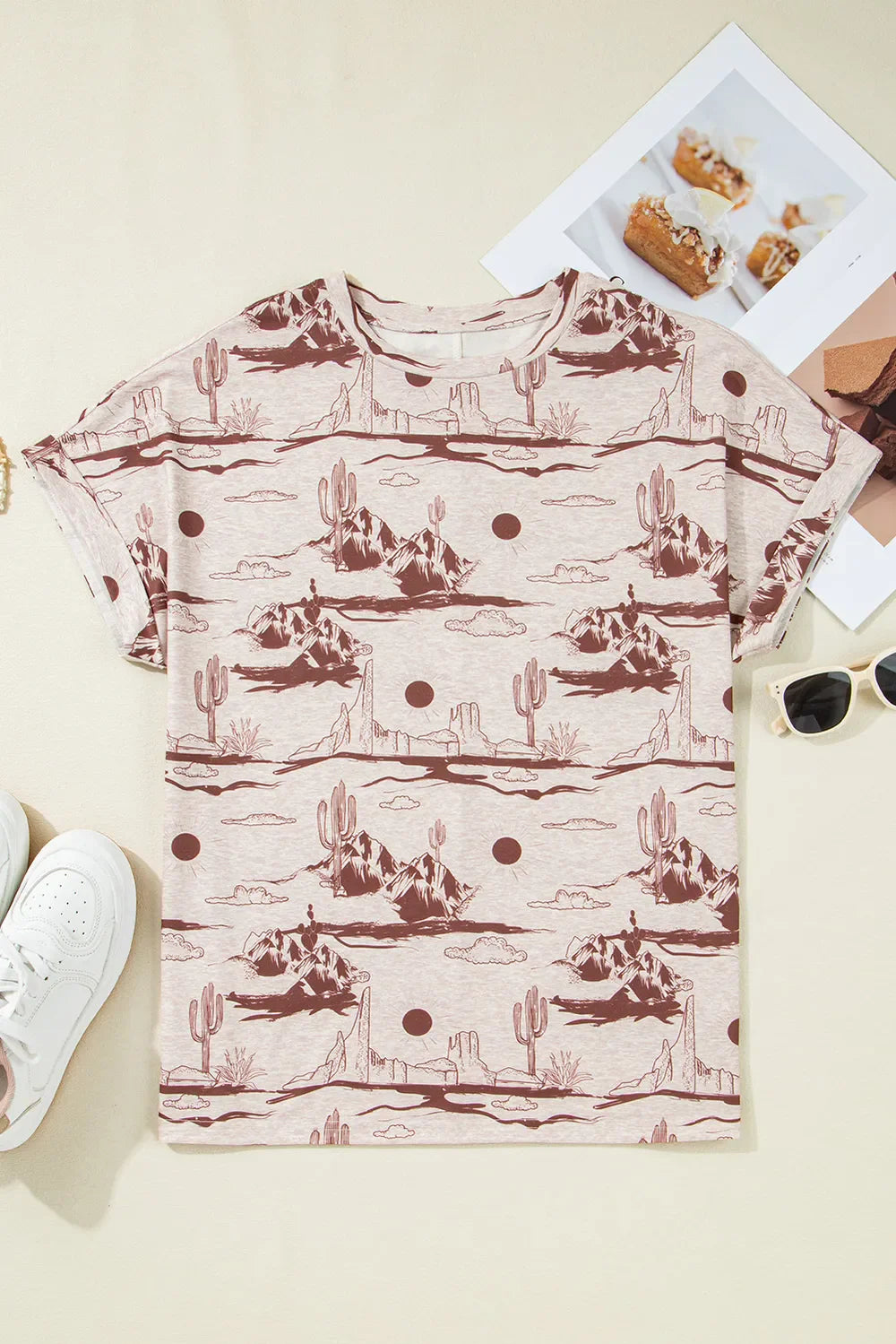 Blueberi B Women’s Western Printed Round Neck Short Sleeve T-Shirt Polyester Elastane Size S-XL