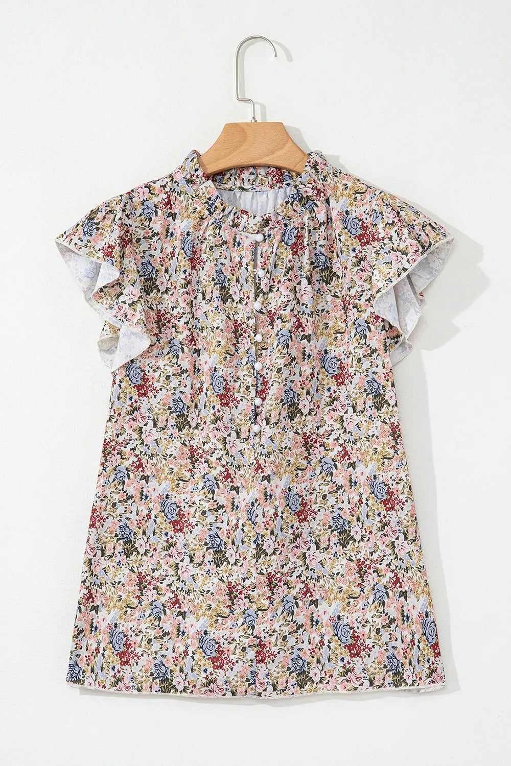 Blueberi B Women’s Floral Print Ruffle Cap Sleeve Blouse Polyester S-XL