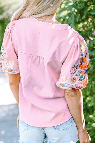 Blueberi B Women’s Floral Embroidered Puff Short Sleeve Blouse Viscose Polyester Polyamide Size S-XL