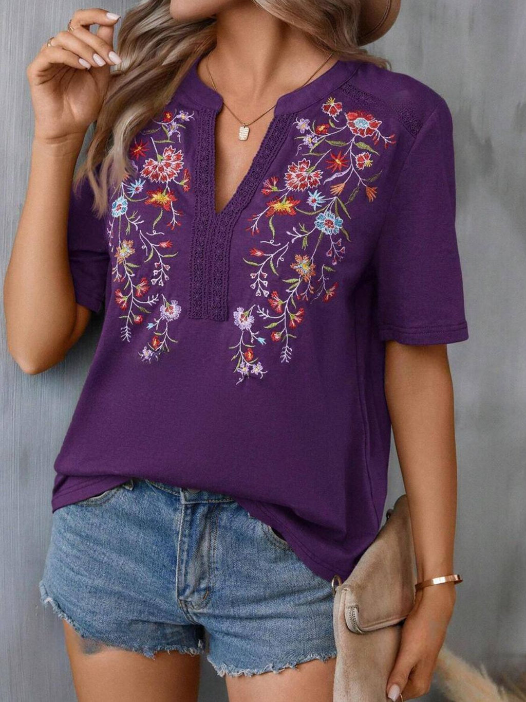 Blueberi B Women's Embroidered Notched Short Sleeve T-Shirt Polyester Elastane Size S-2XL