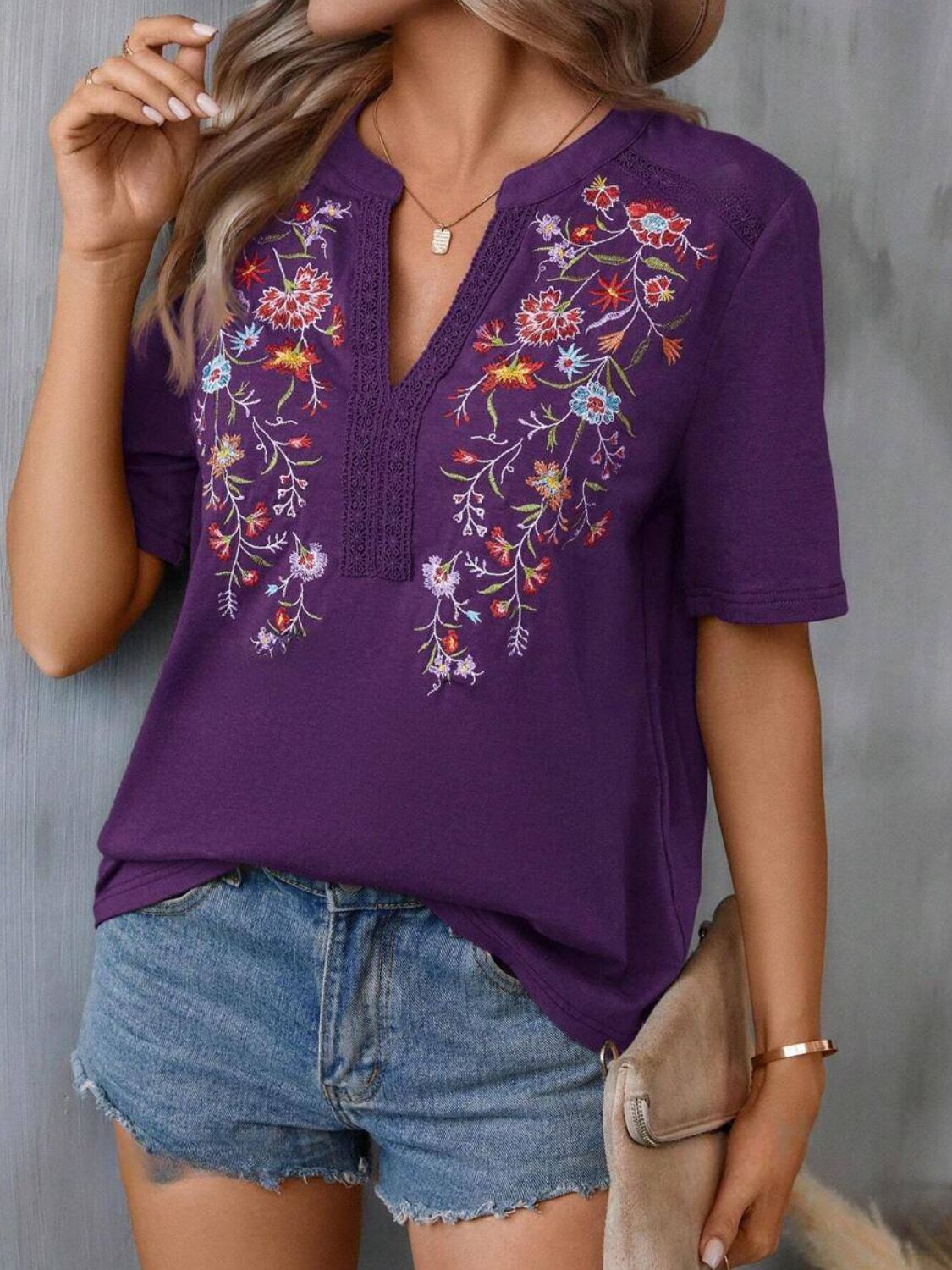 Blueberi B Women's Embroidered Notched Short Sleeve T-Shirt Polyester Elastane Size S-2XL