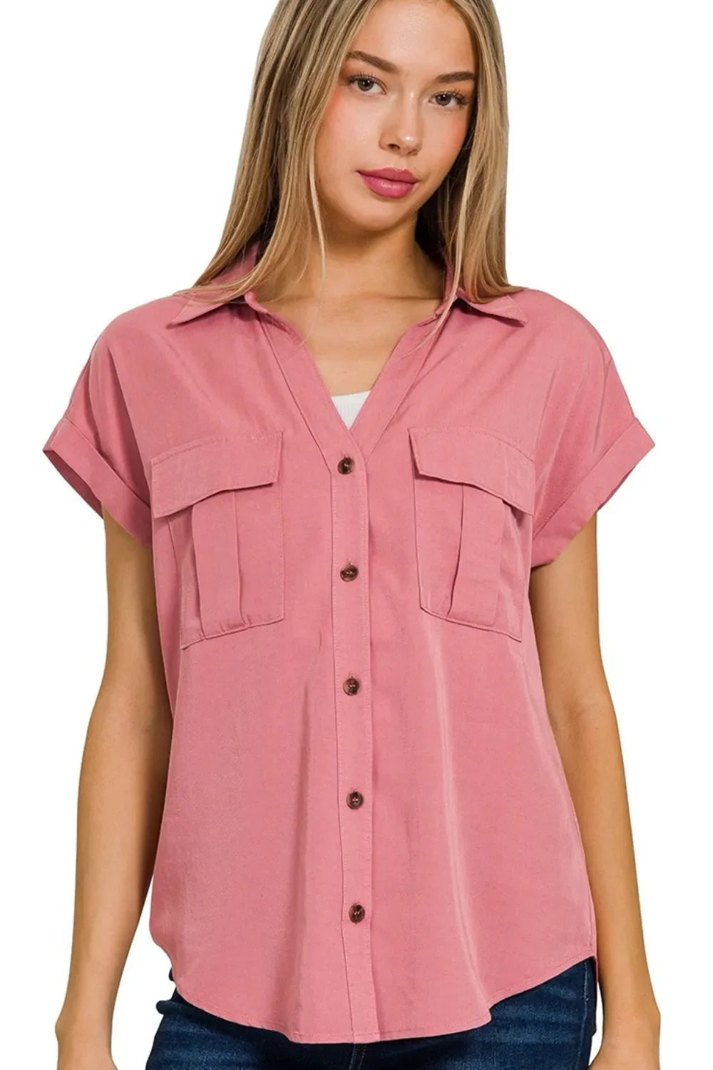 Zenana Women’s Tencel V-neck Collared Top W Front Flap Pockets Short Sleeve Rayon Viscose Size S-XL