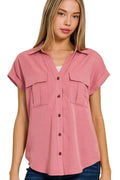 Zenana Women’s Tencel V-neck Collared Top W Front Flap Pockets Short Sleeve Rayon Viscose Size S-XL
