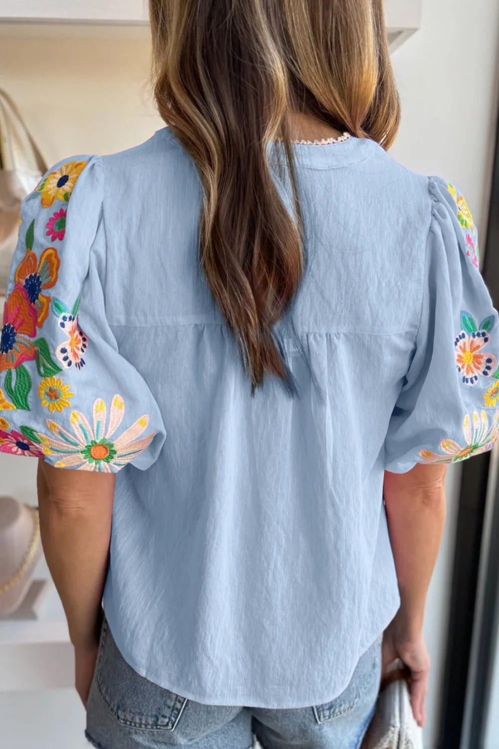 Blueberi B Women’s Embroidered Tie Neck Short Sleeve Blouse Viscose Polyester Polyamide Size S-XL