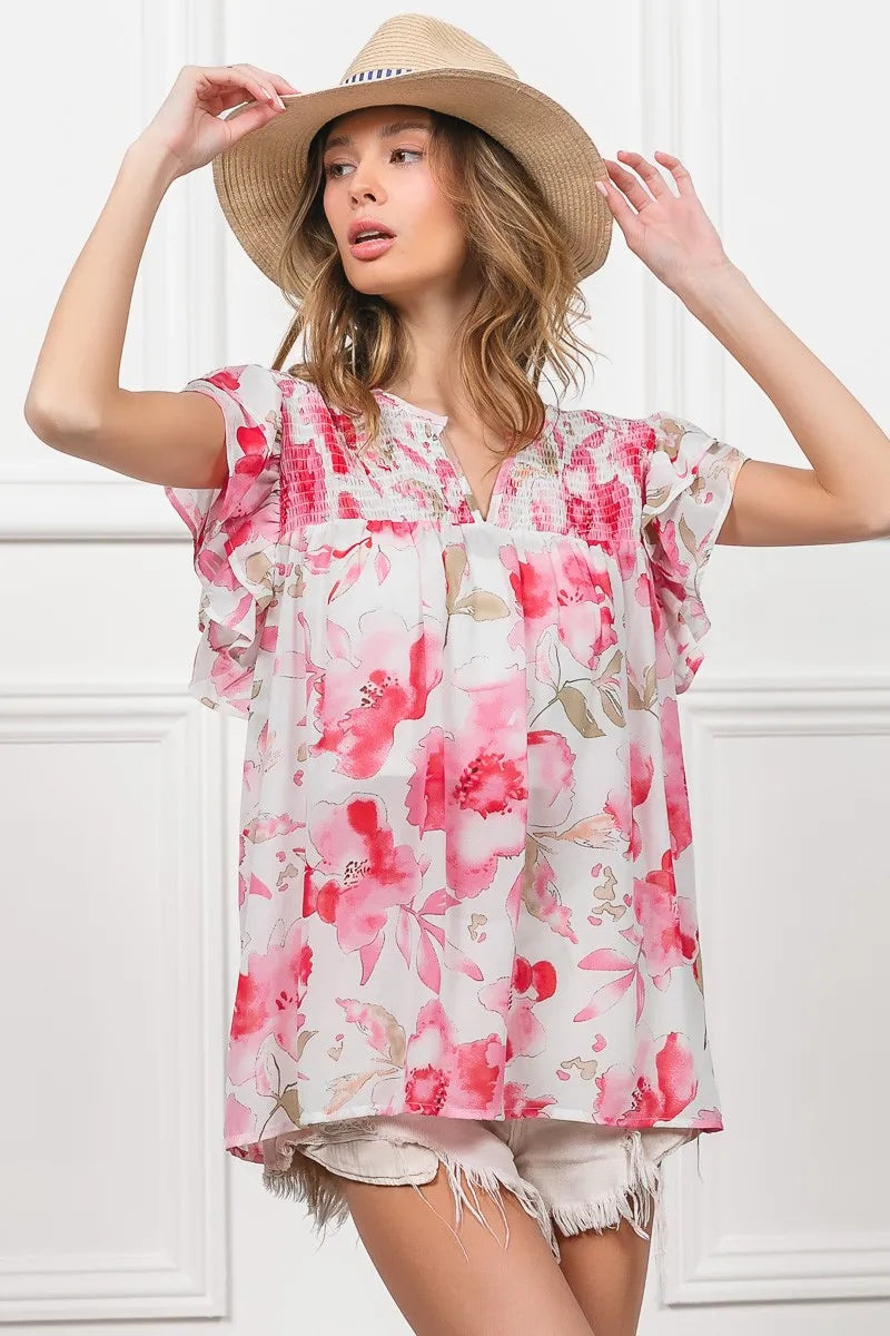 BiBi Women’s Floral Print Short Flutter Sleeve Sheer Top Polyester Cotton S-XL