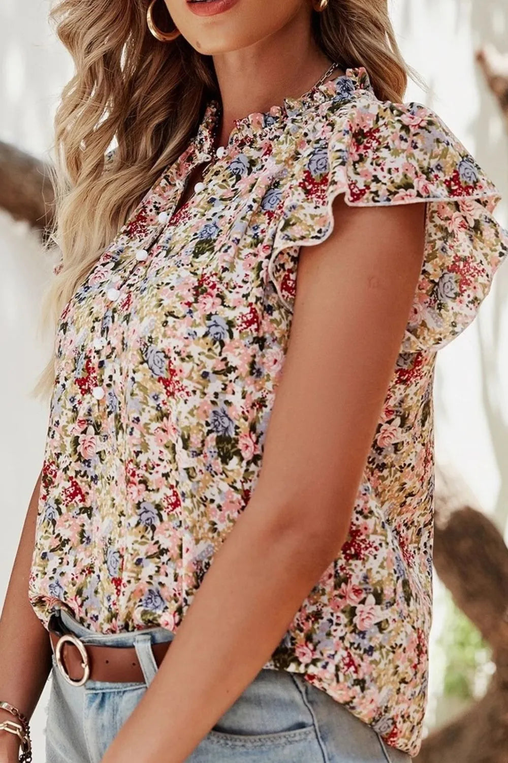 Blueberi B Women’s Floral Print Ruffle Cap Sleeve Blouse Polyester S-XL