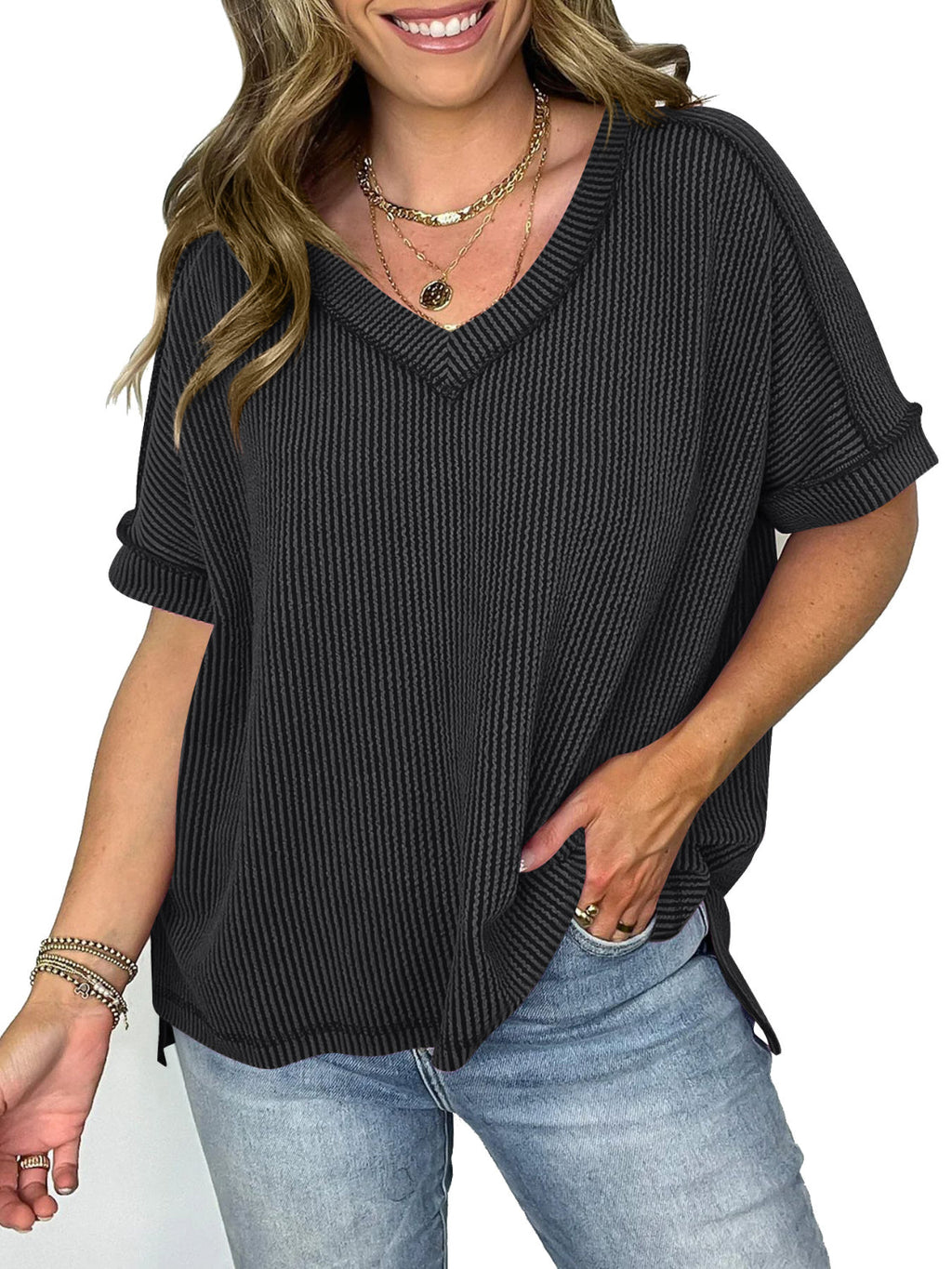 Blueberi B Women’s Cord Ribbed V-Neck Short Sleeve T-Shirt Rayon Polyester Spandex Size 2-2XL
