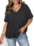 Blueberi B Women’s Cord Ribbed V-Neck Short Sleeve T-Shirt Rayon Polyester Spandex Size 2-2XL