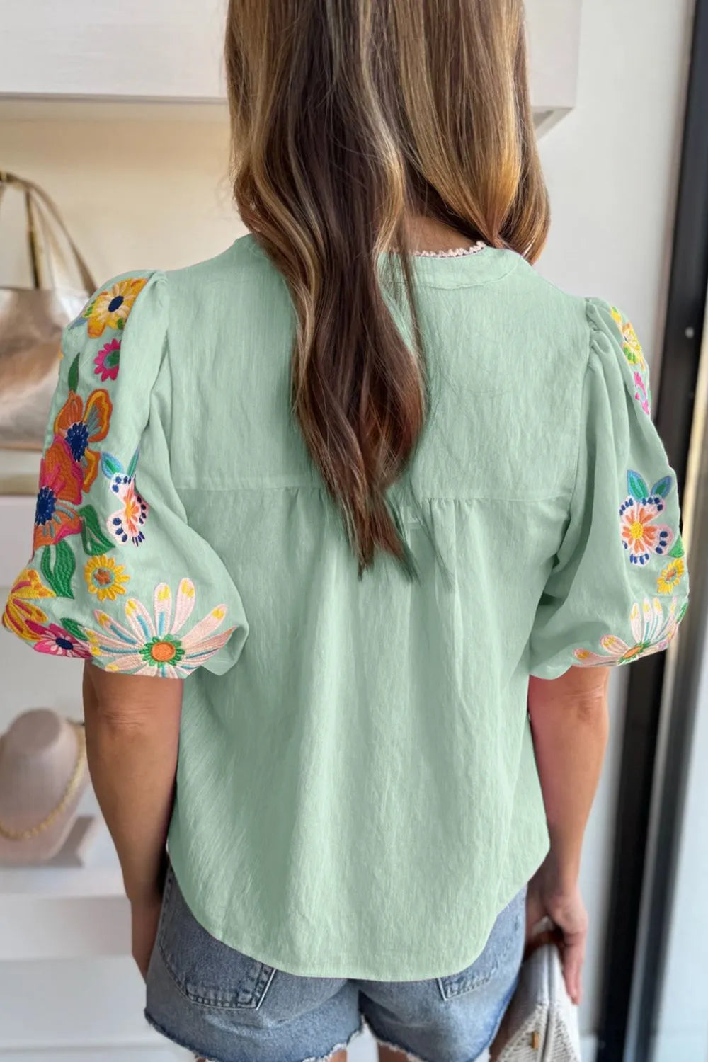 Blueberi B Women’s Embroidered Tie Neck Short Sleeve Blouse Viscose Polyester Polyamide Size S-XL
