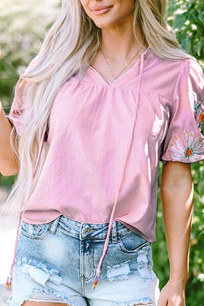 Blueberi B Women’s Floral Embroidered Puff Short Sleeve Blouse Viscose Polyester Polyamide Size S-XL