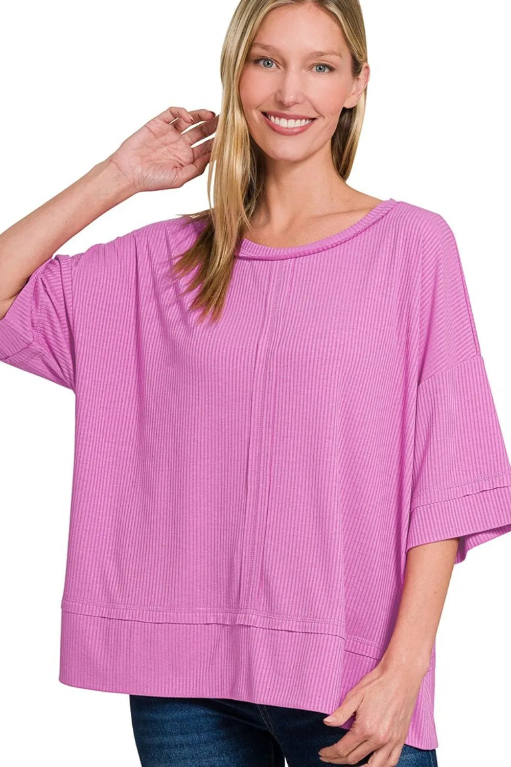 Zenana Women’s Ribbed Boat Neck 3/4 Sleeve Top Polyester Rayon Spandex Size S/M L/XL