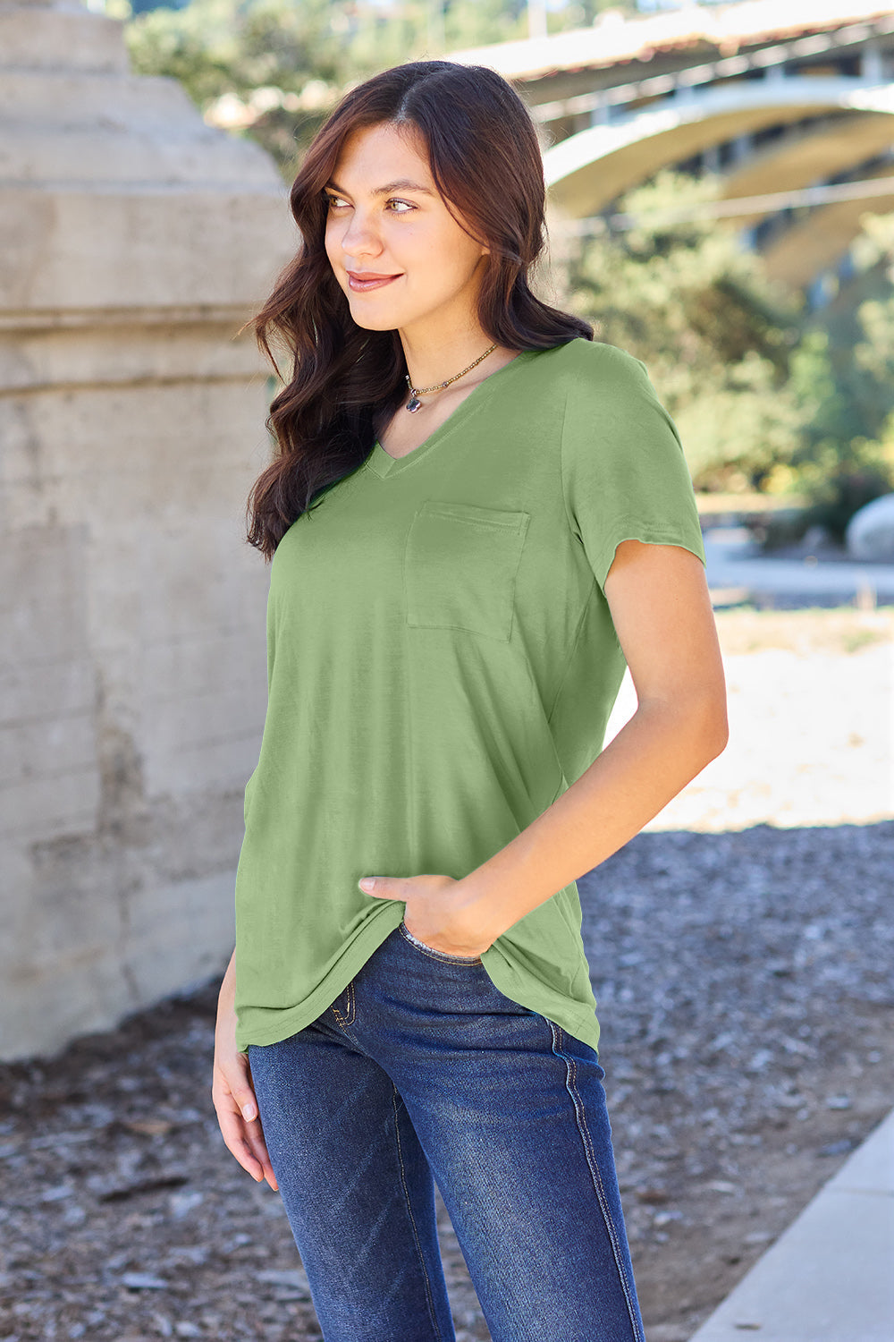 Basic Bae Women’s Bamboo Full Size  V-Neck Short Sleeve T-Shirt Bamboo Spandex Size S-3XL
