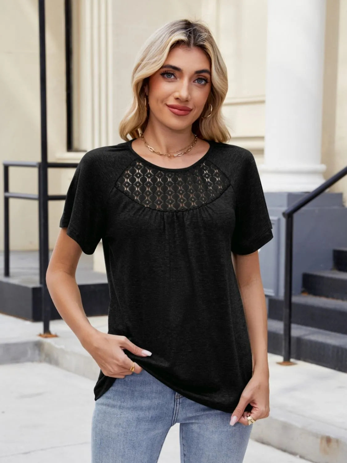 Blueberi B Women’s Lace Detail Round Neck Short Sleeve Blouse Polyester Elastane Size S-2XL