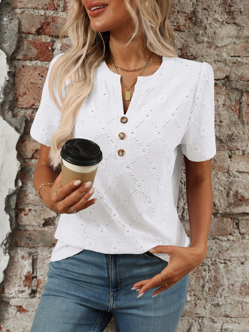 Blueberi B Women’s Eyelet Notched Short Sleeve Top Polyester Viscose Elastane Size S-2XL