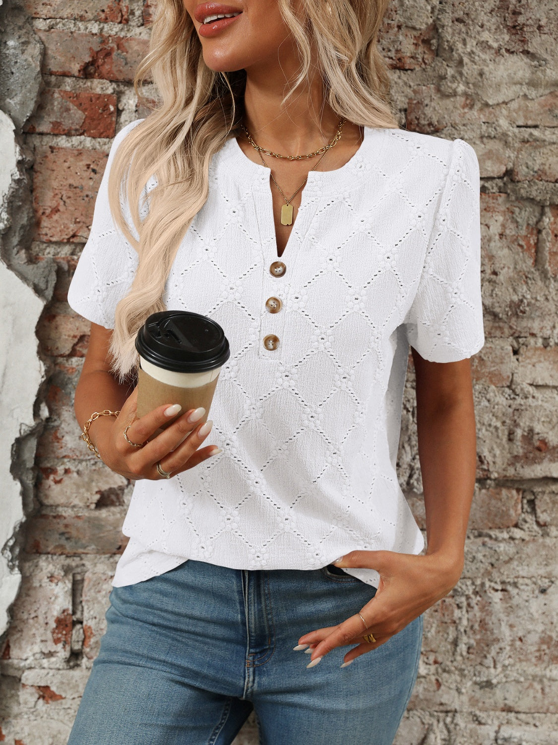 Blueberi B Women’s Eyelet Notched Short Sleeve Top Polyester Viscose Elastane Size S-2XL