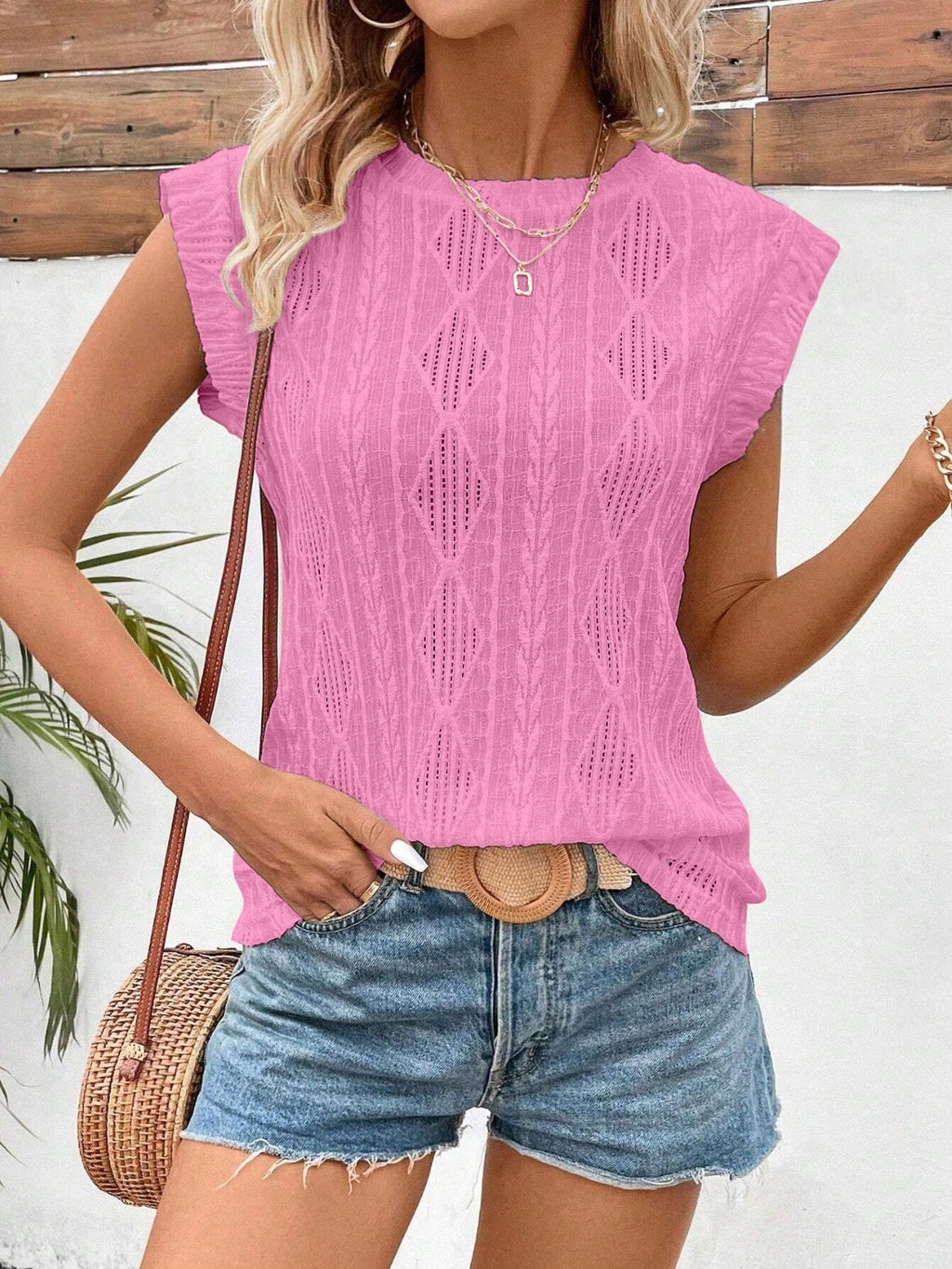 Blueberi B Women’s Eyelet Round Neck Cap Sleeve Top Polyester Elastane Size S-2XL