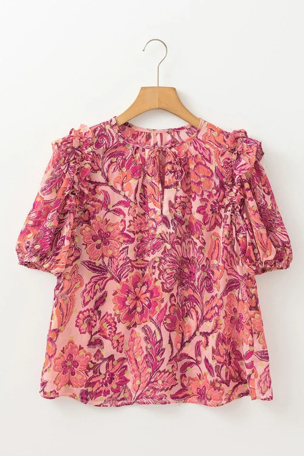 Blueberi B Women’s Floral Print Ruffled Puff Short Sleeve Blouse Polyester Size S-XL