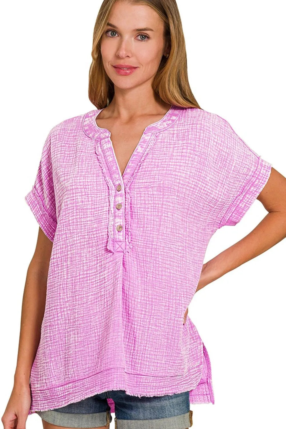 Zenana Women’s Washed Double Gauze 3/4 Button Short Sleeve Henley Neck Shirt Cotton Size S/M L/XL