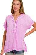 Zenana Women’s Washed Double Gauze 3/4 Button Short Sleeve Henley Neck Shirt Cotton Size S/M L/XL