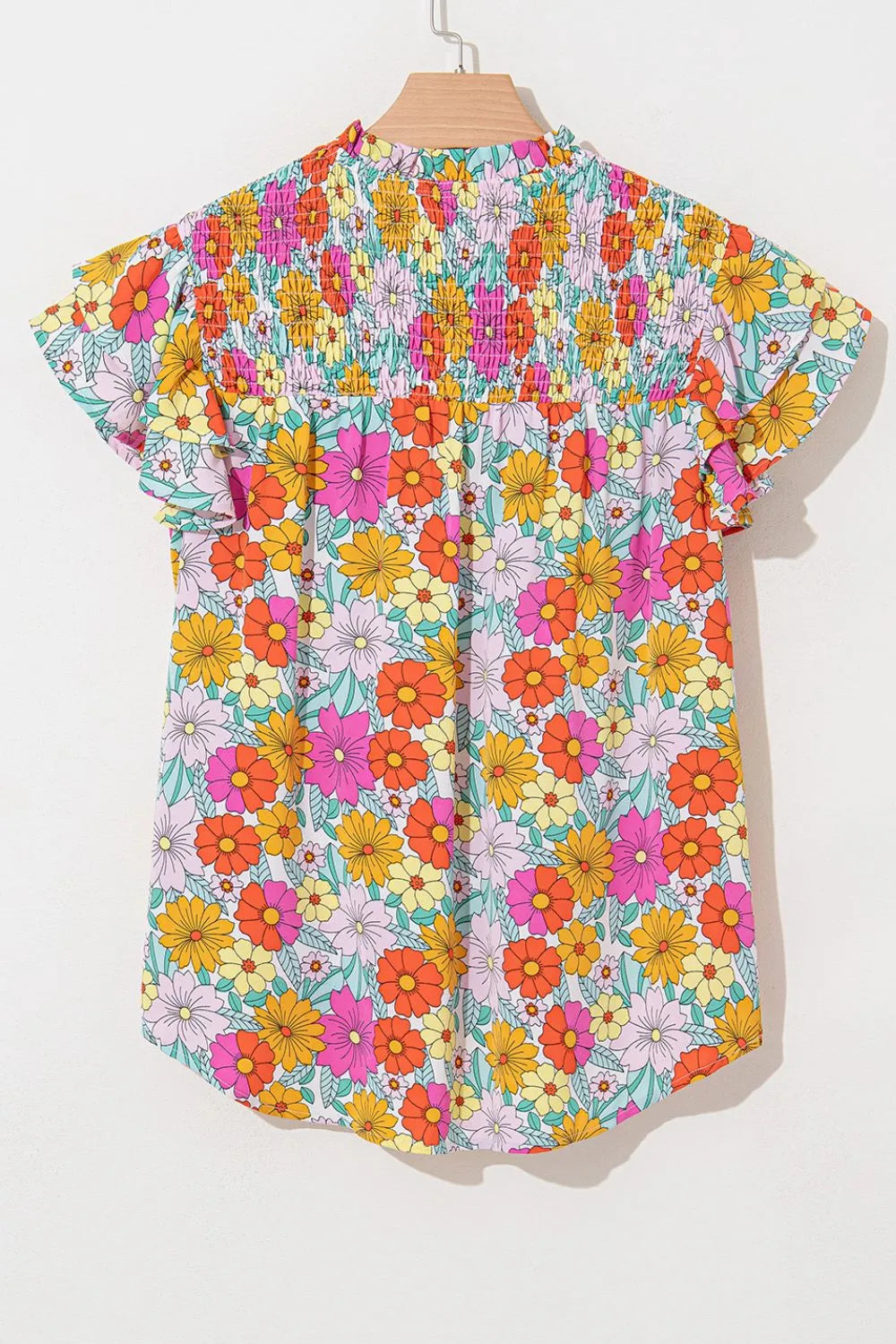 Blueberi B Women’s Floral Print Shirred Tiered Ruffled Sleeve Blouse Polyester Size S-XL