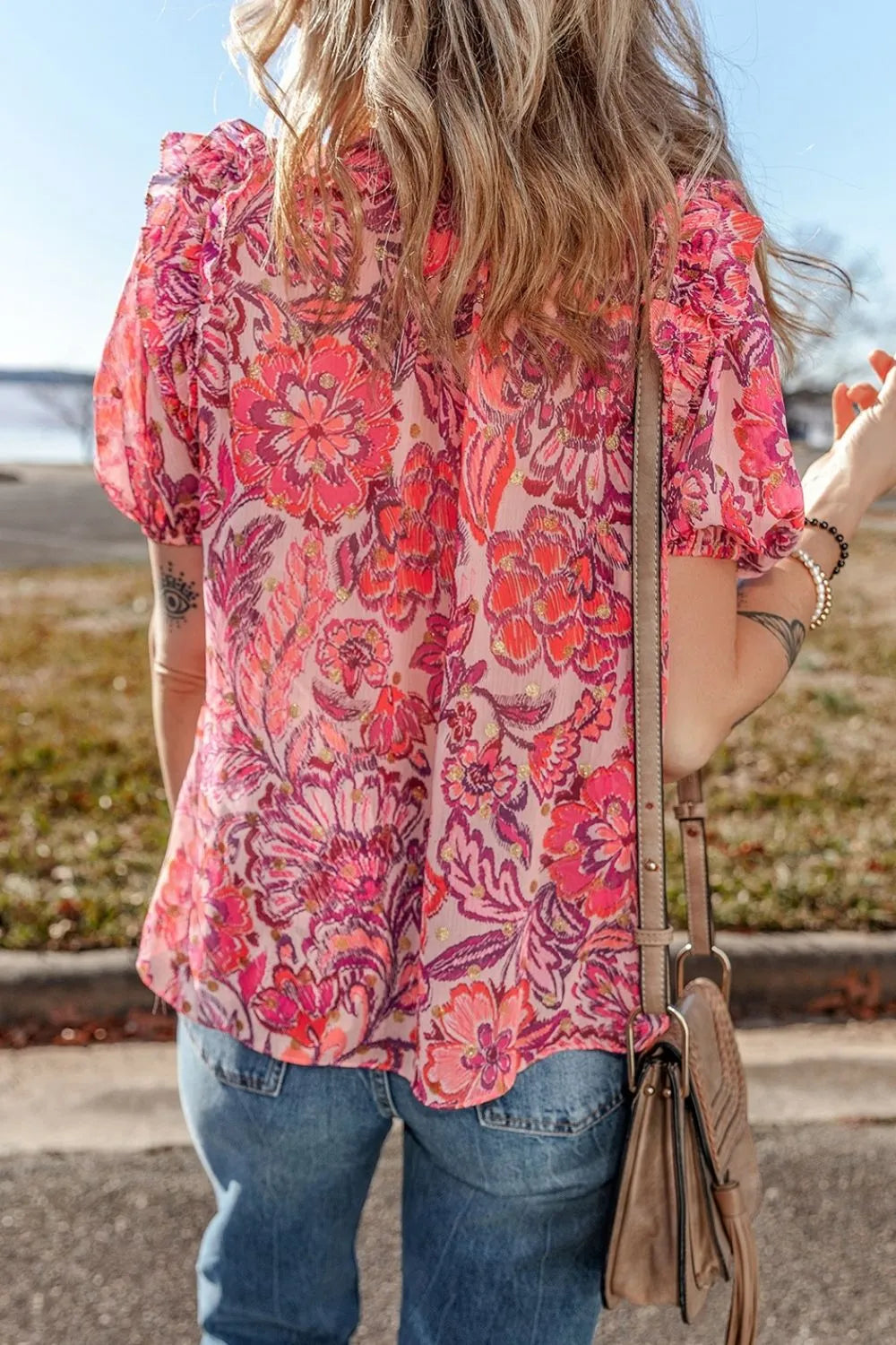 Blueberi B Women’s Floral Print Ruffled Puff Short Sleeve Blouse Polyester Size S-XL