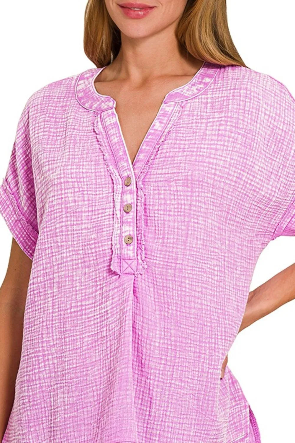 Zenana Women’s Washed Double Gauze 3/4 Button Short Sleeve Henley Neck Shirt Cotton Size S/M L/XL