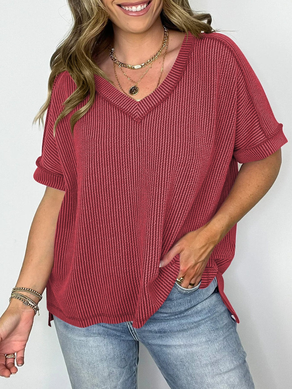 Blueberi B Women’s Cord Ribbed V-Neck Short Sleeve T-Shirt Rayon Polyester Spandex Size 2-2XL