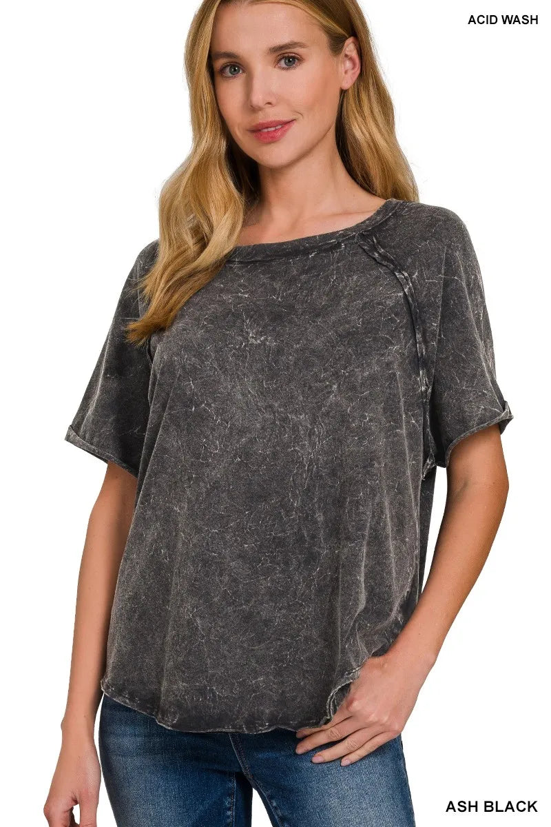 Zenana Women’s Back Patch Crinkle Washed Raglan Sleeve T-Shirts Cotton S-XL