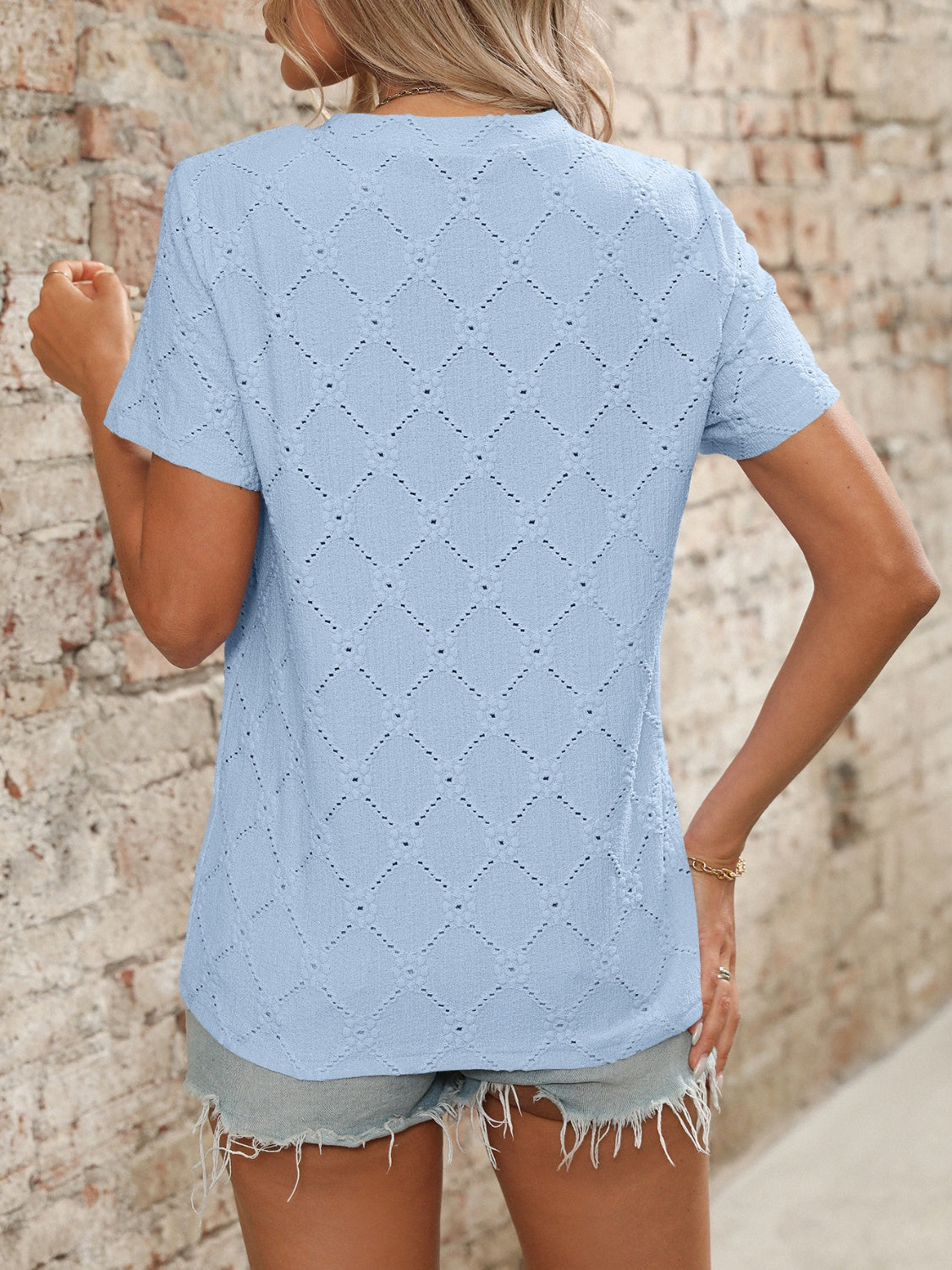 Blueberi B Women’s Eyelet Round Neck Short Sleeve Top Polyester Viscose Elastane Size S-2XL