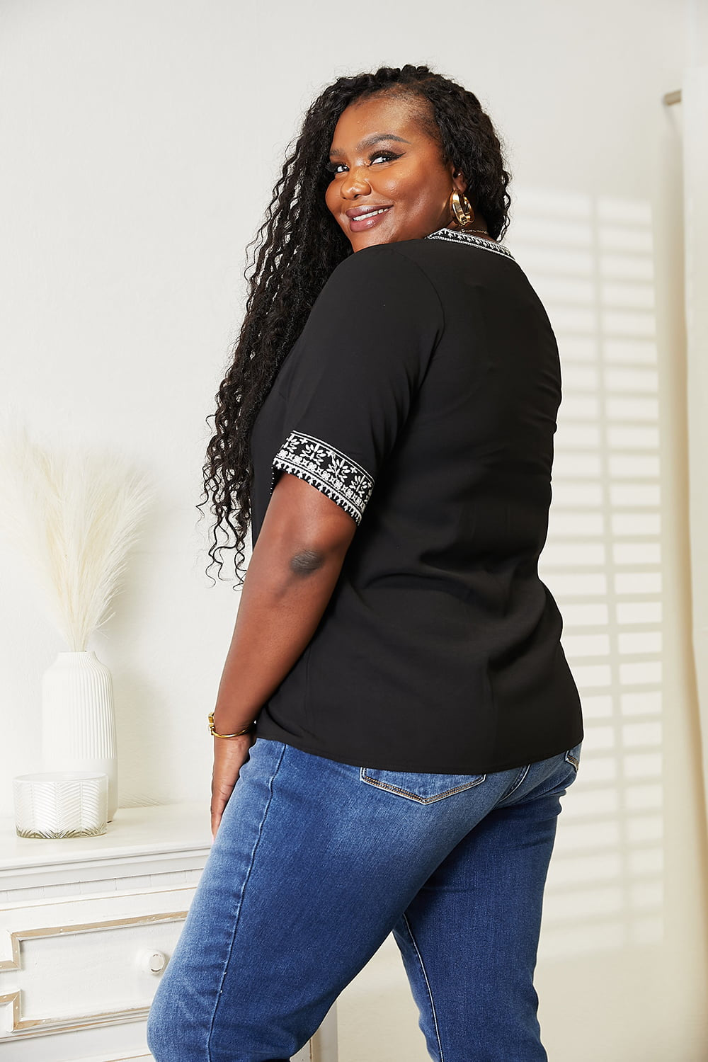 Double Take Women's  Embroidered Notched Neck Top Rayon Polyester Size S-L