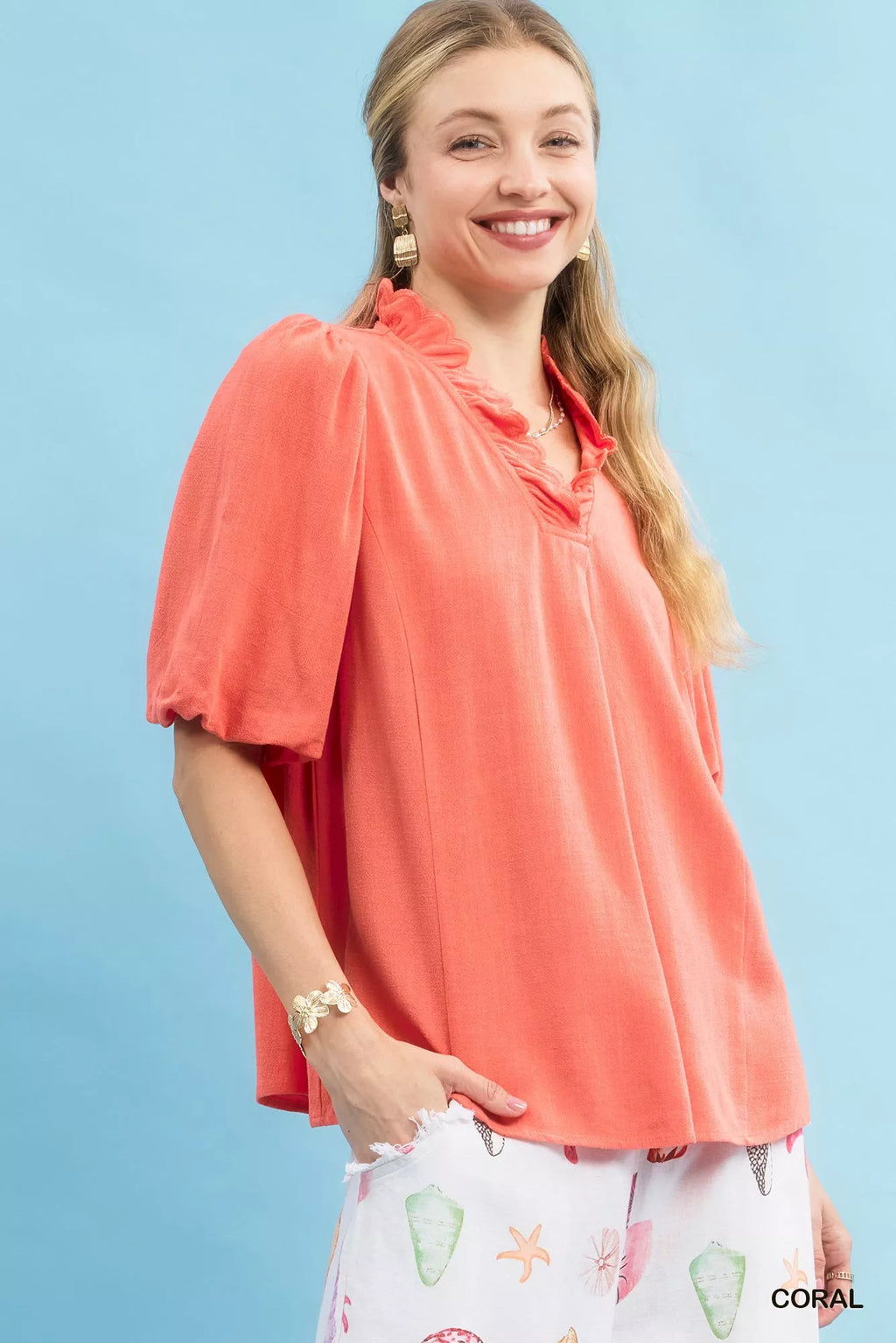 Umgee Linen Scallop Trim V-Neck Blouse Linen Cotton Sizes S-L