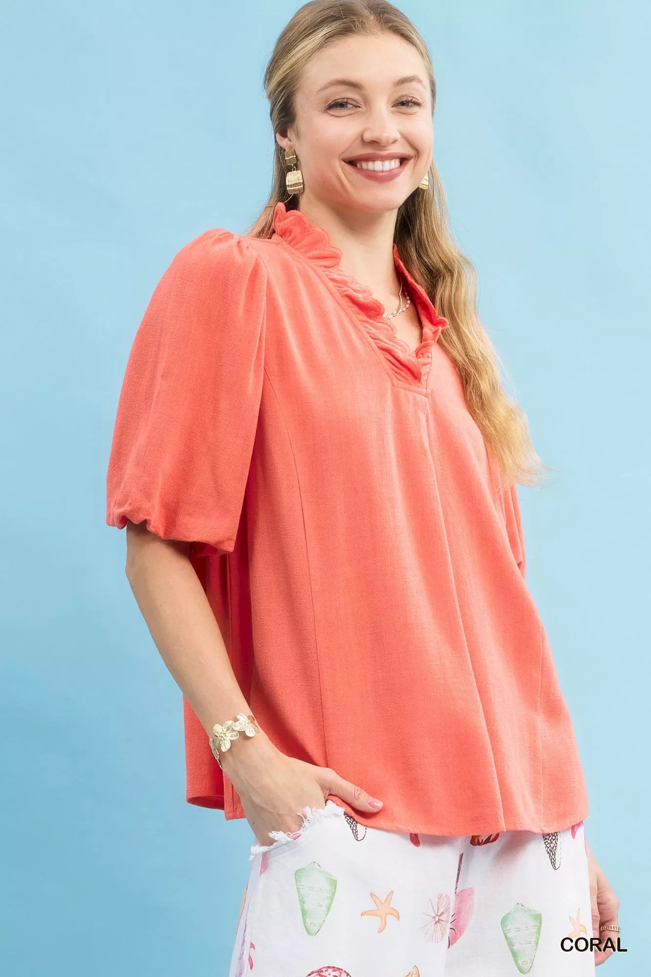 Umgee Linen Scallop Trim V-Neck Blouse Linen Cotton Sizes S-L