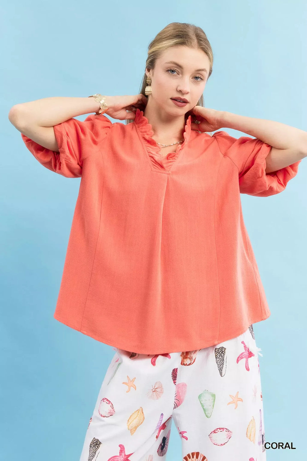 Umgee Linen Scallop Trim V-Neck Blouse Linen Cotton Sizes S-L