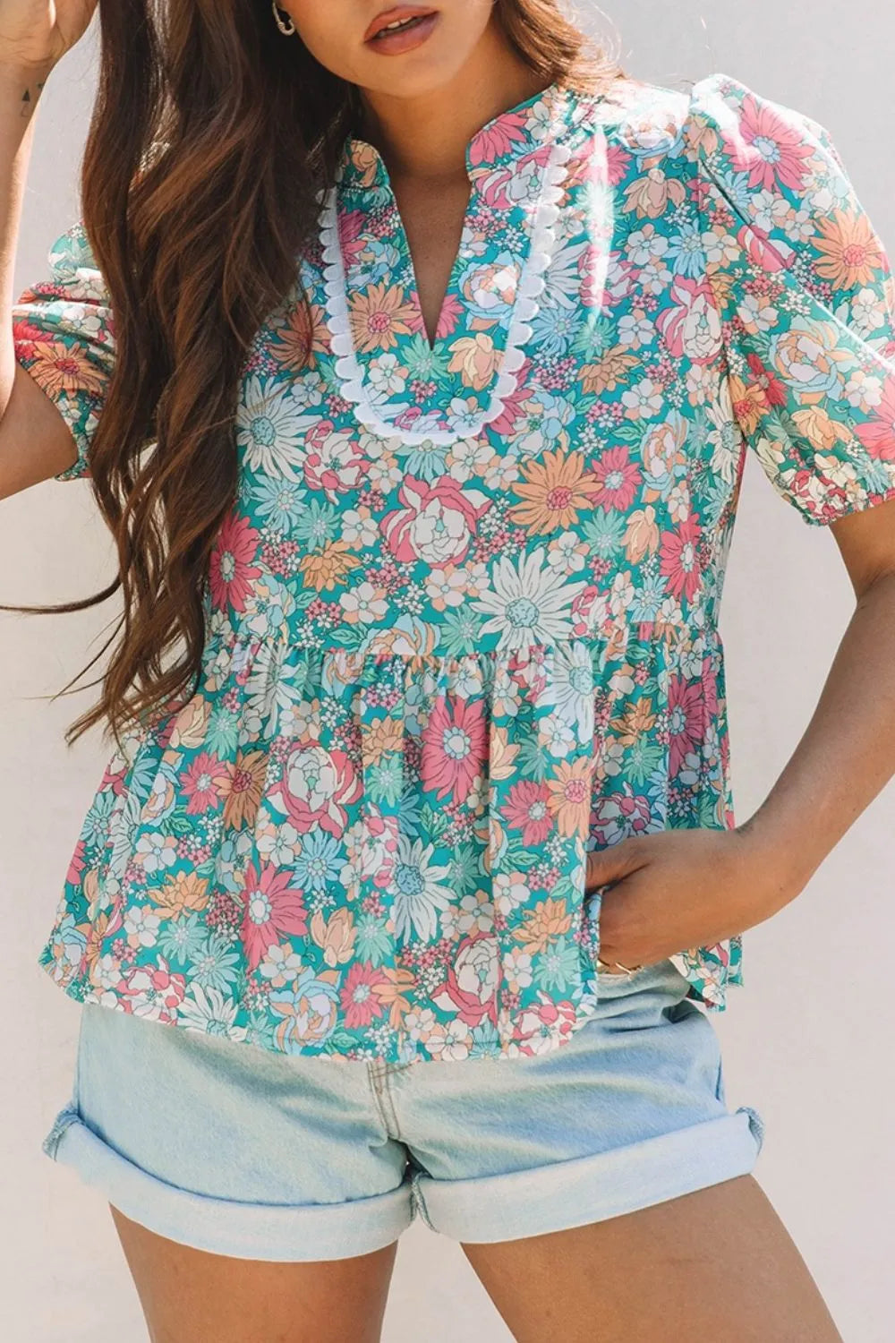 Blueberi B Women’s Multicolor Crochet V Neck Half Sleeve Boho Floral Blouse Polyester Size S-XL