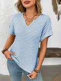 Blueberi B Women’s Striped Notched Short Sleeve T-Shirt Polyester Elastane S-2XL