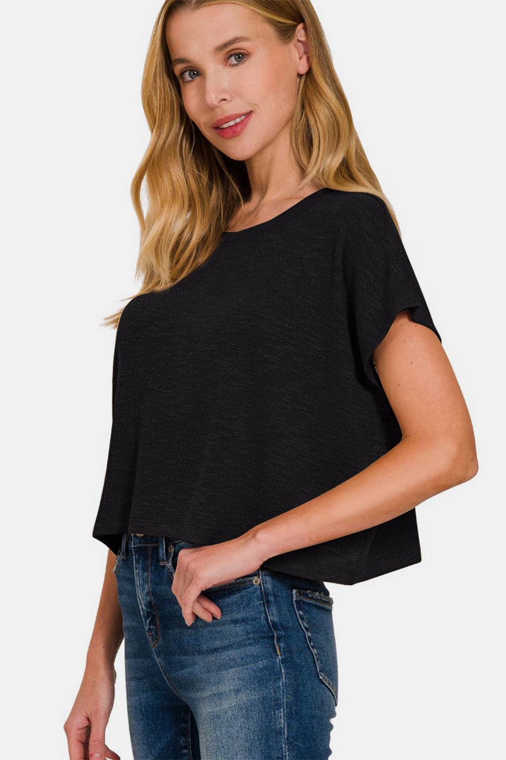 Zenana Women's  Round Neck Short Sleeve Crop T-Shirt Polyester Rayon Spandex Size S-XL
