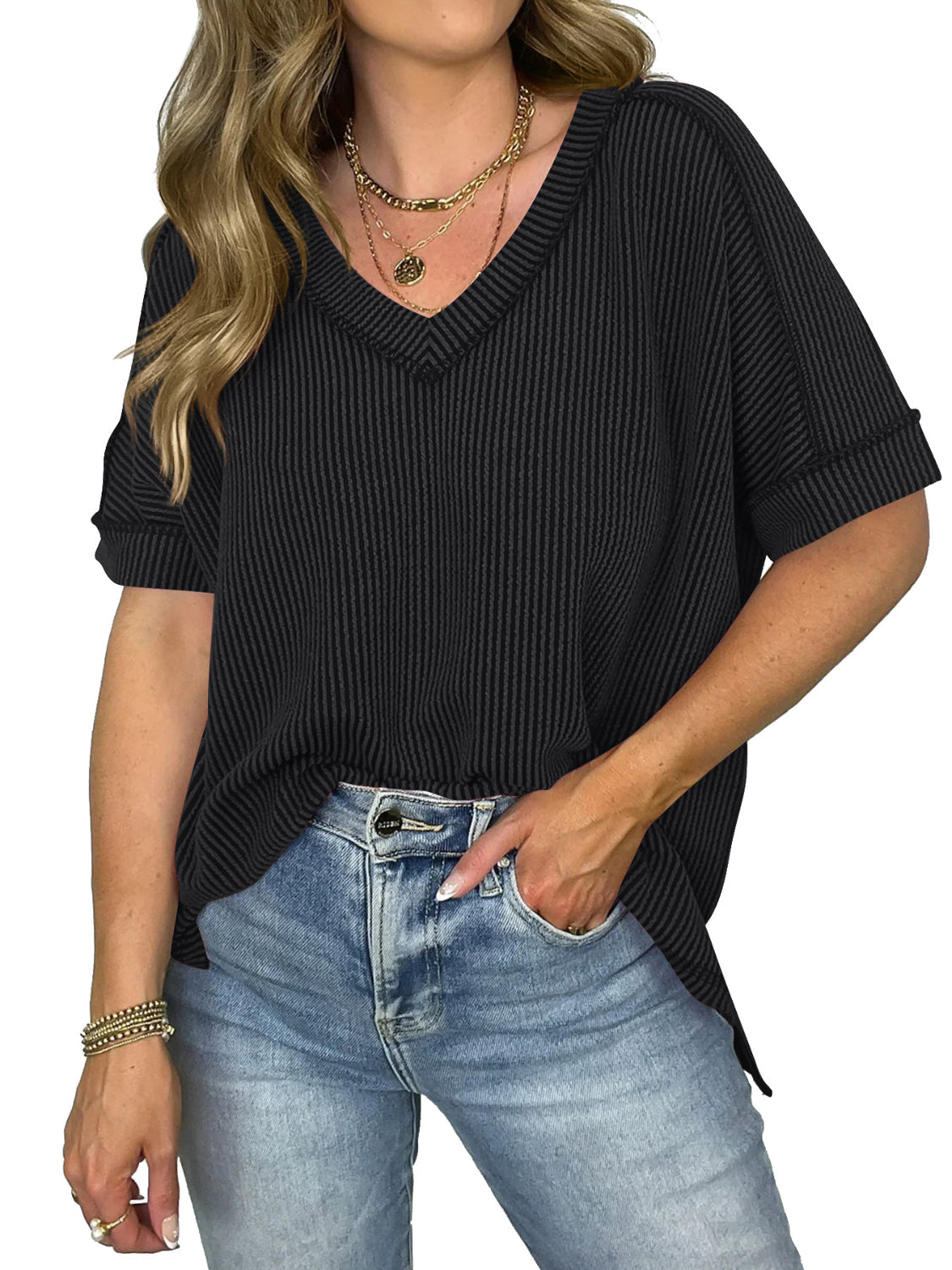 Blueberi B Women’s Cord Ribbed V-Neck Short Sleeve T-Shirt Rayon Polyester Spandex Size 2-2XL